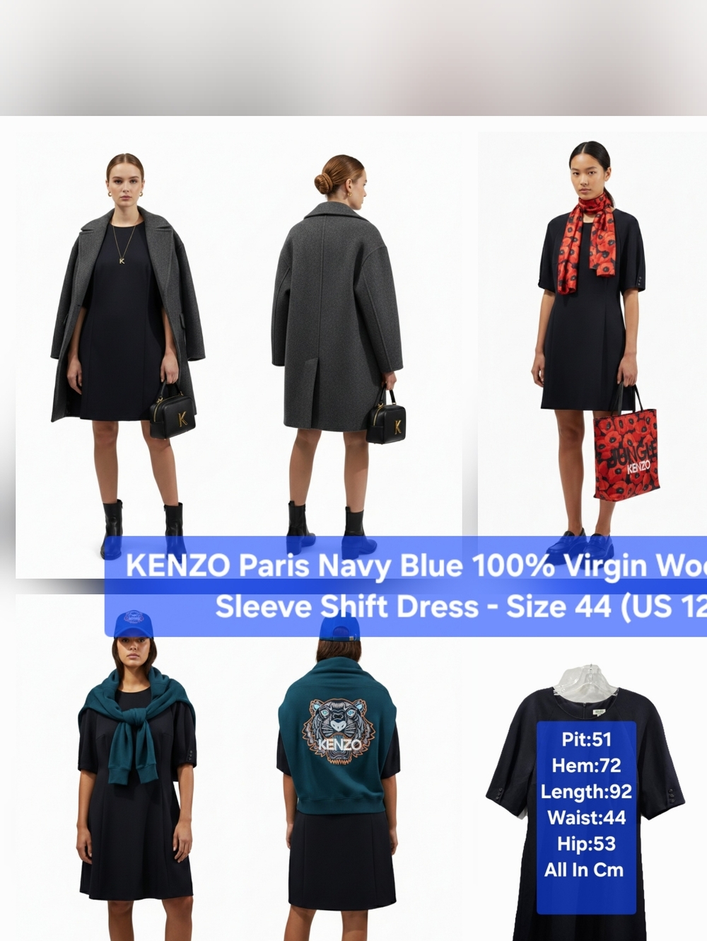 KENZO Paris Navy Blue 100% Virgin Wool Short Sleeve Shift Dress Size 44/US 12